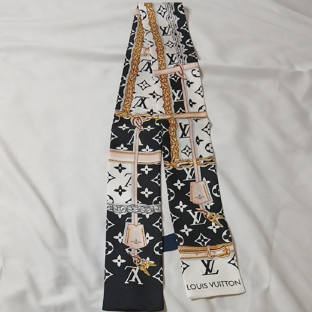 Louis Vuitton Monogram Silk Scarf in Black, White, and Gold - Picture 5 of 5